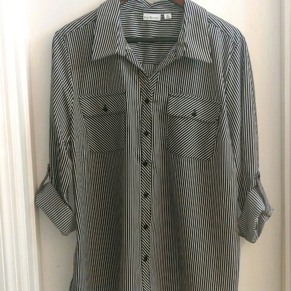 Black and White Stripe Roll Tab Button Up
